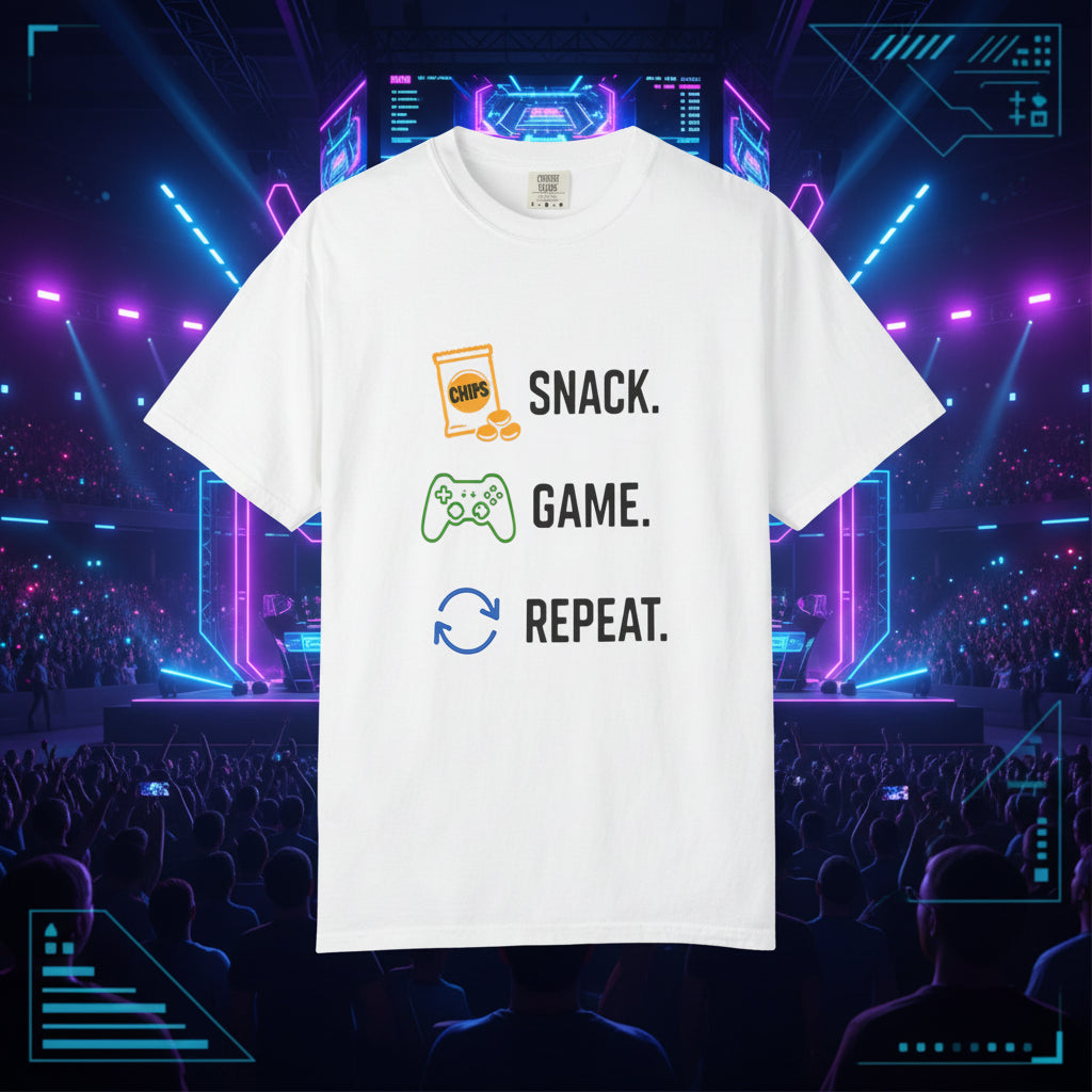 "Snack. Game. Repeat." Graphic Tee for Gamers