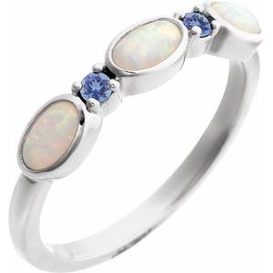 14K White Gold Lab-Grown White Opal & Natural Tanzanite Stackable Ring