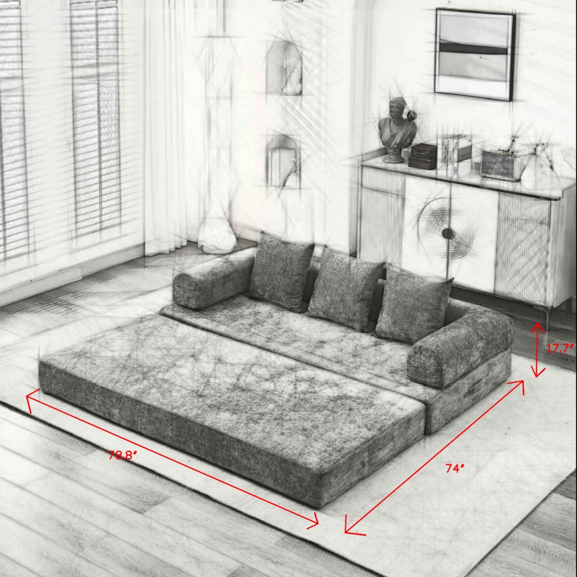 Comfy Convertible Folding Mattress Couch, Floor Sofa Bed, Chenille Floor Sofa with Armrest, Floor Sofa Lounge Couch for Living Room Bedroom Lounge Studio-Green