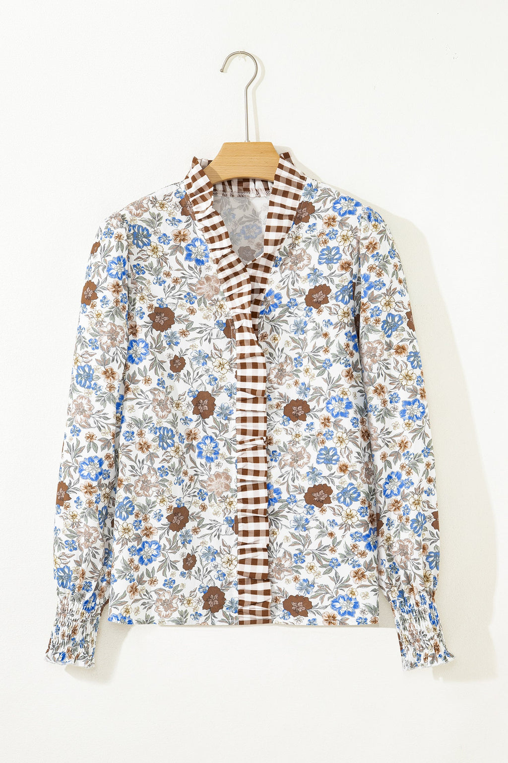 Floral Plaid Frilled Trim Long Sleeve Blouse