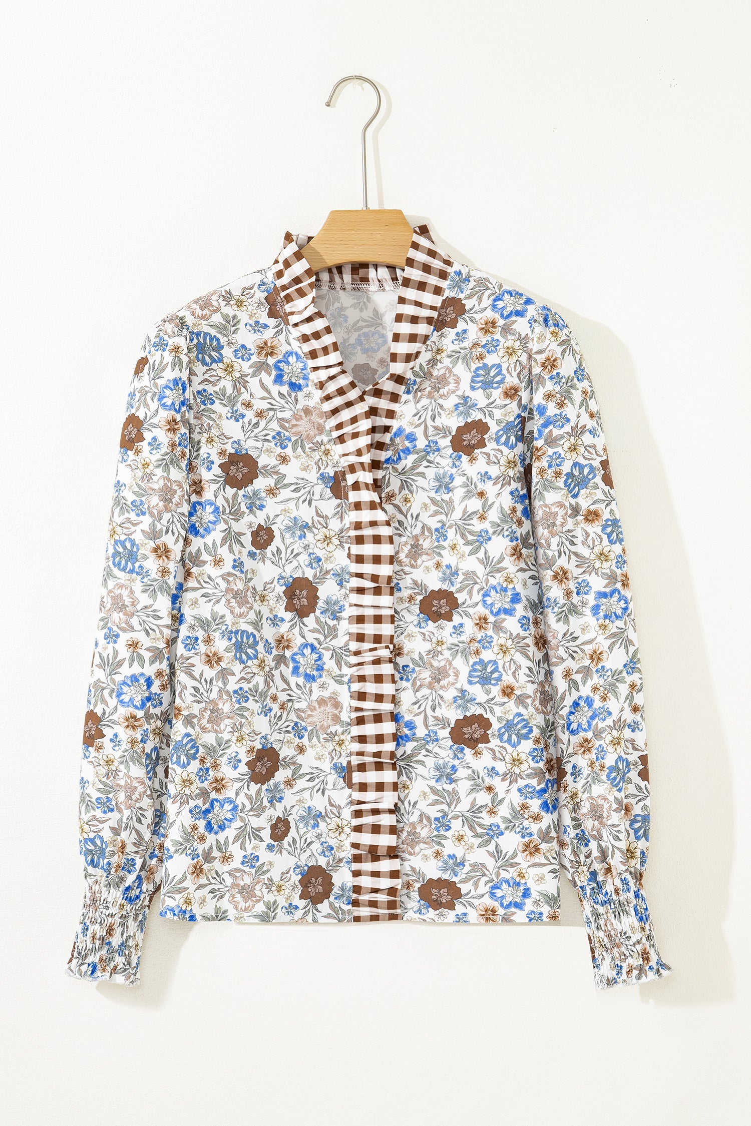 Floral Plaid Frilled Trim Long Sleeve Blouse
