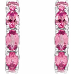 14K White Gold Natural Pink Tourmaline 18.2 mm Hoop Earrings – image 2