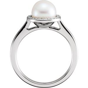 14K White Gold Cultured White Freshwater Pearl & .06 CTW Natural Diamond Halo-Style Ring