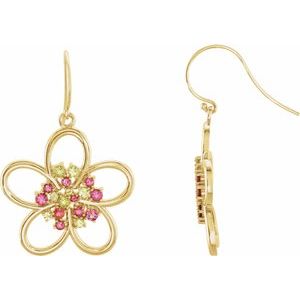14K Yellow Gold Natual Peridot & Natual Pink Tourmaline Flower Earrings