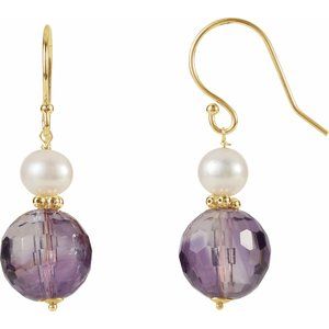 14K Yellow Gold Natural Amethyst & Cultured White Freshwater Pearl Earrings