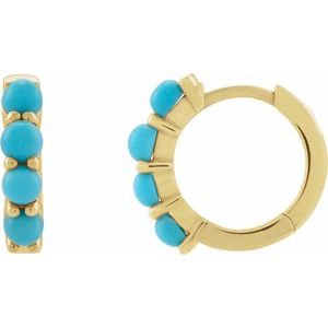 14K Yellow Gold Natural Turquoise Cabochon Hinged 14.7 mm  Hoop Earrings