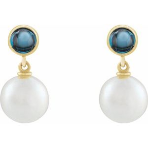 14K Yellow Gold Cultured White Freshwater Pearl & Natural London Blue Topaz Cabochon Earrings