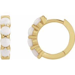 14K Yellow Gold Natural White Opal Cabochon Hinged 14.7 mm  Hoop Earrings