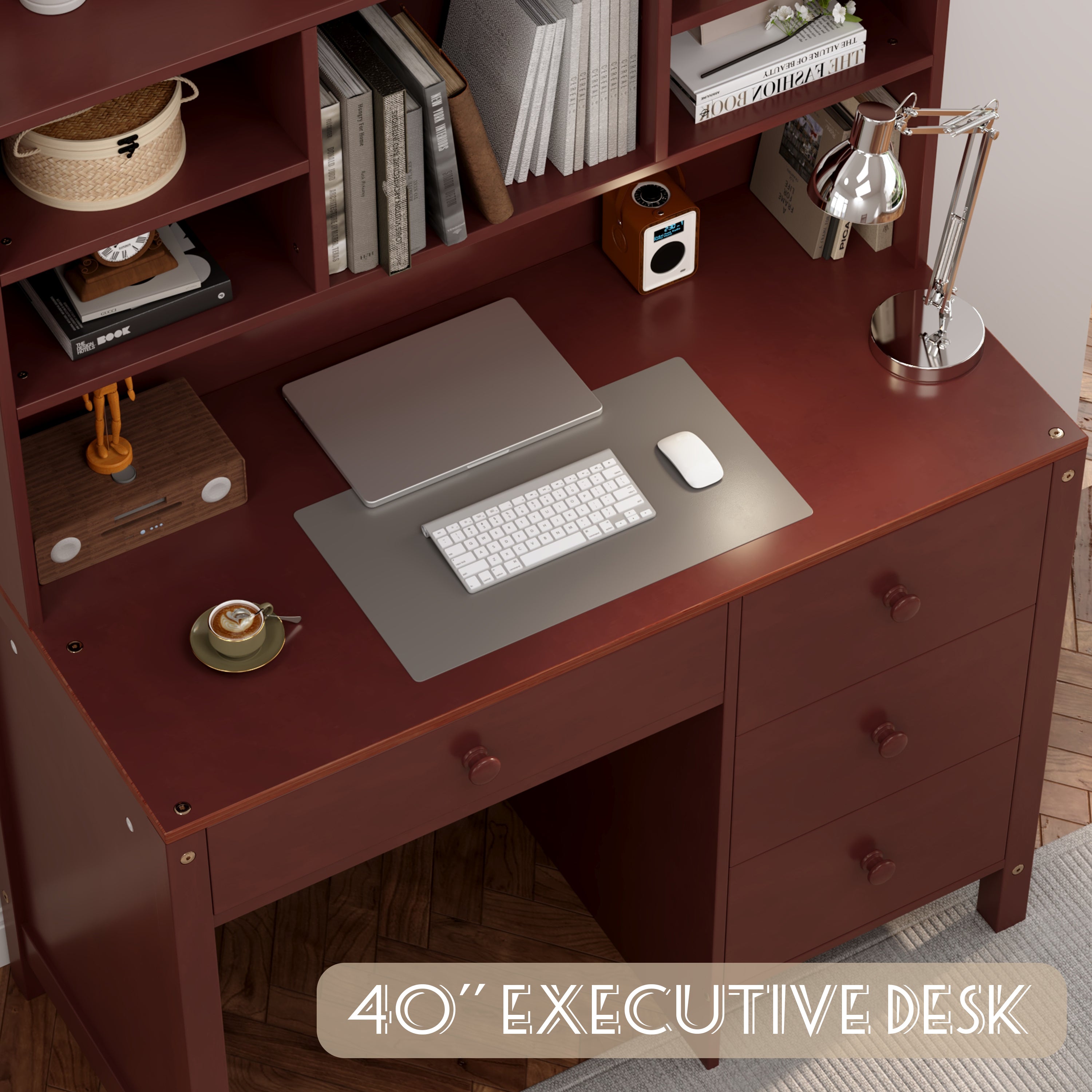 Vintage 40'' Home Executive Desk and Upholstered Chair Set with Bookshelf, Computer Desk with Four Drawers, Storage Shelf, and Chair, Ideal for Office or Study in Bedroom or Living Room, Espresso