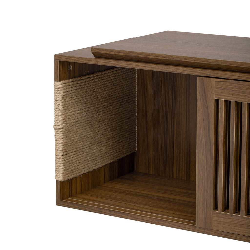Mid-Century Modern 2 in 1 Cat Furniture Walnut TV Stand With Extendable table,  Litter Box Enclosure with Cat Scratcher