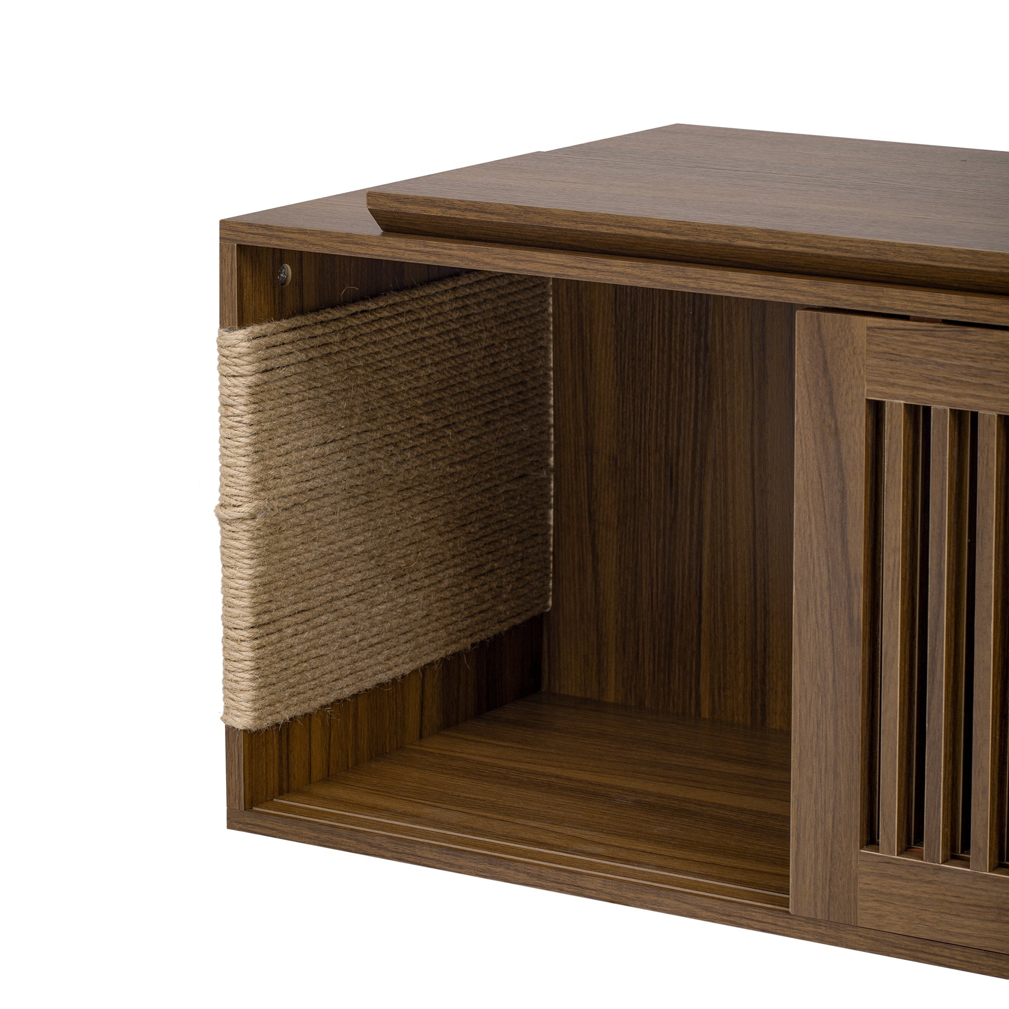 Mid-Century Modern 2 in 1 Cat Furniture Walnut TV Stand With Extendable table,  Litter Box Enclosure with Cat Scratcher