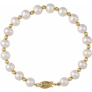 14K Yellow Gold Cultured White Freshwater Pearl 7 1/4" Bracelet