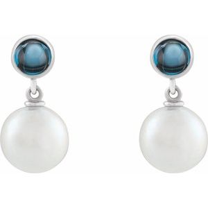 Sterling Silver Cultured White Freshwater Pearl & Natural London Blue Topaz Cabochon Earrings – image 2
