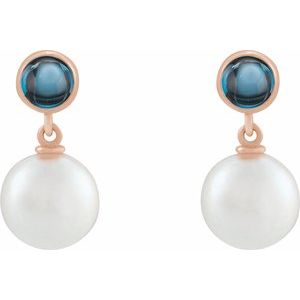 14K Rose Gold Cultured White Freshwater Pearl & Natural London Blue Topaz Cabochon Earrings – image 2
