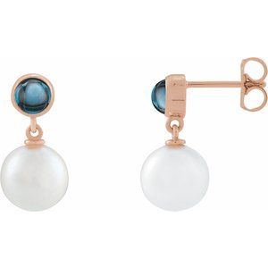 14K Rose Gold Cultured White Freshwater Pearl & Natural London Blue Topaz Cabochon Earrings