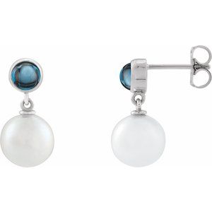 Sterling Silver Cultured White Freshwater Pearl & Natural London Blue Topaz Cabochon Earrings