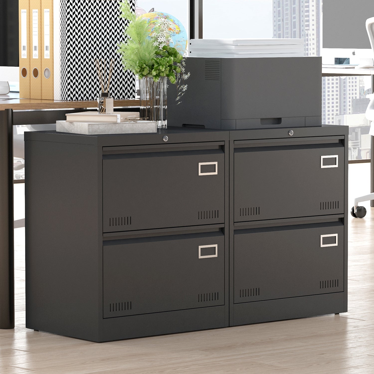 Modern Black Metal 2 Drawer Lateral File Cabinet with Lock for Home Office Use
