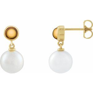 14K Yellow Gold Cultured White Freshwater Pearl & Natural Citrine Cabochon Earrings