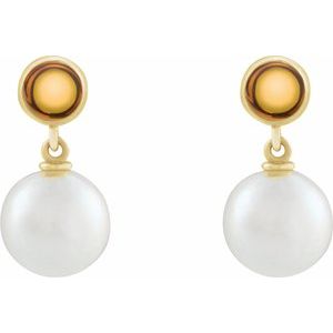 14K Yellow Gold Cultured White Freshwater Pearl & Natural Citrine Cabochon Earrings