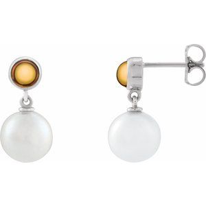 14K White Gold Cultured White Freshwater Pearl & Natural Citrine Cabochon Earrings