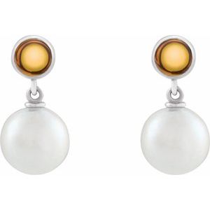 14K White Gold Cultured White Freshwater Pearl & Natural Citrine Cabochon Earrings – image 2