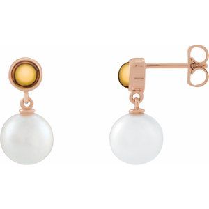 14K Rose Gold Cultured White Freshwater Pearl & Natural Citrine Cabochon Earrings