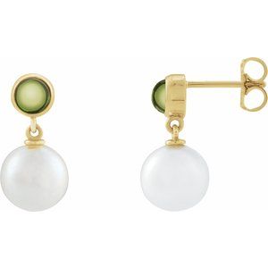 14K Yellow Gold Cultured White Freshwater Pearl & Natural Peridot Cabochon Earrings