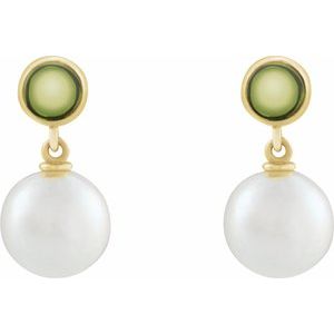 14K Yellow Gold Cultured White Freshwater Pearl & Natural Peridot Cabochon Earrings