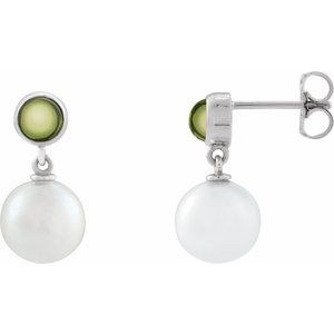 Sterling Silver Cultured White Freshwater Pearl & Natural Peridot Cabochon Earrings