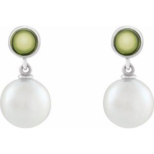Sterling Silver Cultured White Freshwater Pearl & Natural Peridot Cabochon Earrings – image 2