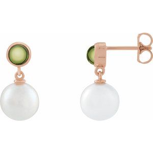 14K Rose Gold Cultured White Freshwater Pearl & Natural Peridot Cabochon Earrings
