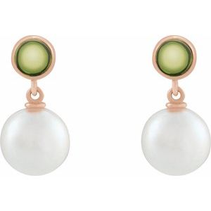 14K Rose Gold Cultured White Freshwater Pearl & Natural Peridot Cabochon Earrings – image 2
