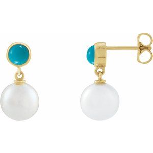 14K Yellow Gold Cultured White Freshwater Pearl & Natural Turquoise Cabochon Earrings