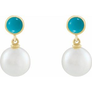 14K Yellow Gold Cultured White Freshwater Pearl & Natural Turquoise Cabochon Earrings – image 2