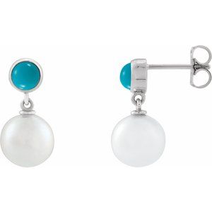 14K White Gold Cultured White Freshwater Pearl & Natural Turquoise Cabochon Earrings