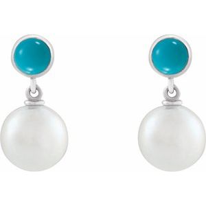 Sterling Silver Cultured White Freshwater Pearl & Natural Turquoise Cabochon Earrings – image 2