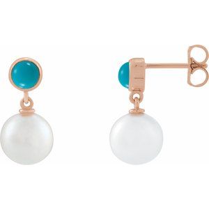 14K Rose Gold Cultured White Freshwater Pearl & Natural Turquoise Cabochon Earrings
