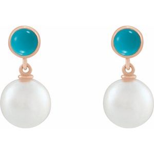 14K Rose Gold Cultured White Freshwater Pearl & Natural Turquoise Cabochon Earrings