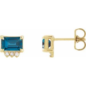 14K Yellow Gold Natural London Blue Topaz & .05 CTW Natural Diamond Stud Earrings