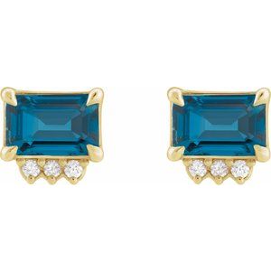 14K Yellow Gold Natural London Blue Topaz & .04 CTW Natural Diamond Stud Earrings