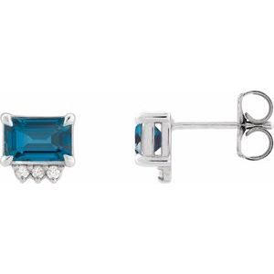 14K White Gold Natural London Blue Topaz & .04 CTW Natural Diamond Stud Earrings