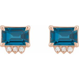 14K Rose Gold Natural London Blue Topaz & .04 CTW Natural Diamond Stud Earrings – image 2