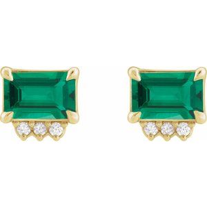 14K Yellow Gold Lab-Grown Emerald & .04 CTW Natural Diamond Stud Earrings – image 2