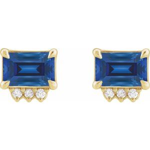14K Yellow Gold Lab-Grown Blue Sapphire & .05 CTW Natural Diamond Stud Earrings – image 2