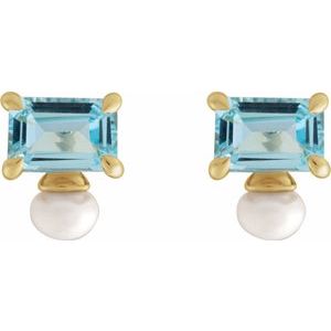 14K Yellow Gold Natural Sky Blue Topaz & Cultured White Freshwater Pearl Earrings – image 2