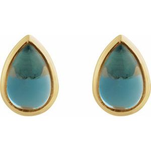 14K Yellow Gold Natural London Blue Topaz Cabochon Earrings – image 2