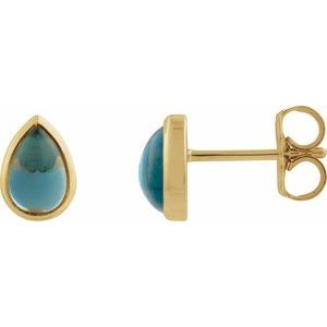 14K Yellow Gold Natural London Blue Topaz Cabochon Earrings