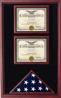 2 Certificates Flag Display case - Cherry Finish Case