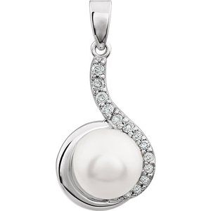 14K White Gold Cultured White Freshwater Pearl & 1/8 CTW Natural Diamond Pendant
