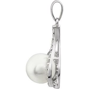14K White Gold Cultured White Freshwater Pearl & 1/8 CTW Natural Diamond Pendant